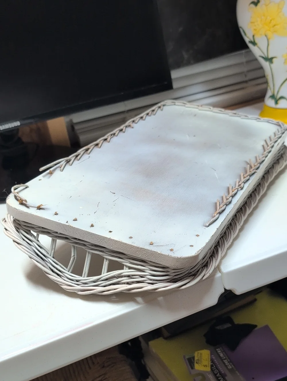Vintage Coastal Palm-Print Beige Wicker Cocktail ServingTray